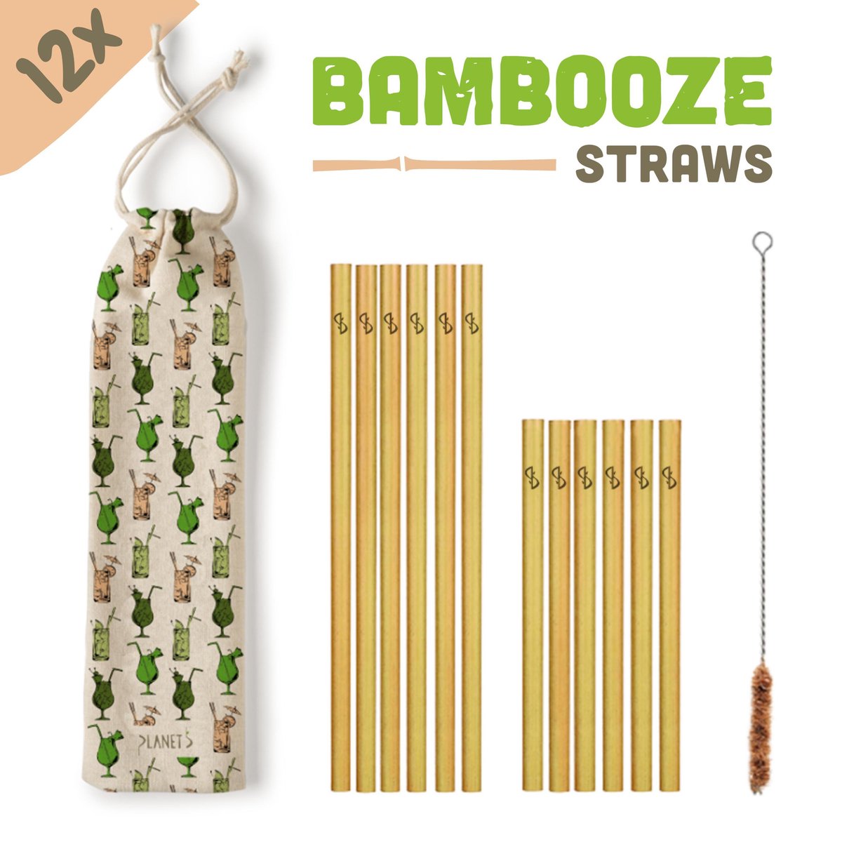 Herbruikbare Bambooze rietjes - 12x = (6x Cocktails rietjes 15cm + 6x longdrink rietjes 20cm) UITZONDERLIJKE KWALITEIT + Design linnen zakje + RVS kokosborsteltje | Keuze uit 2 zakjes | ideaal zero waste cadeau